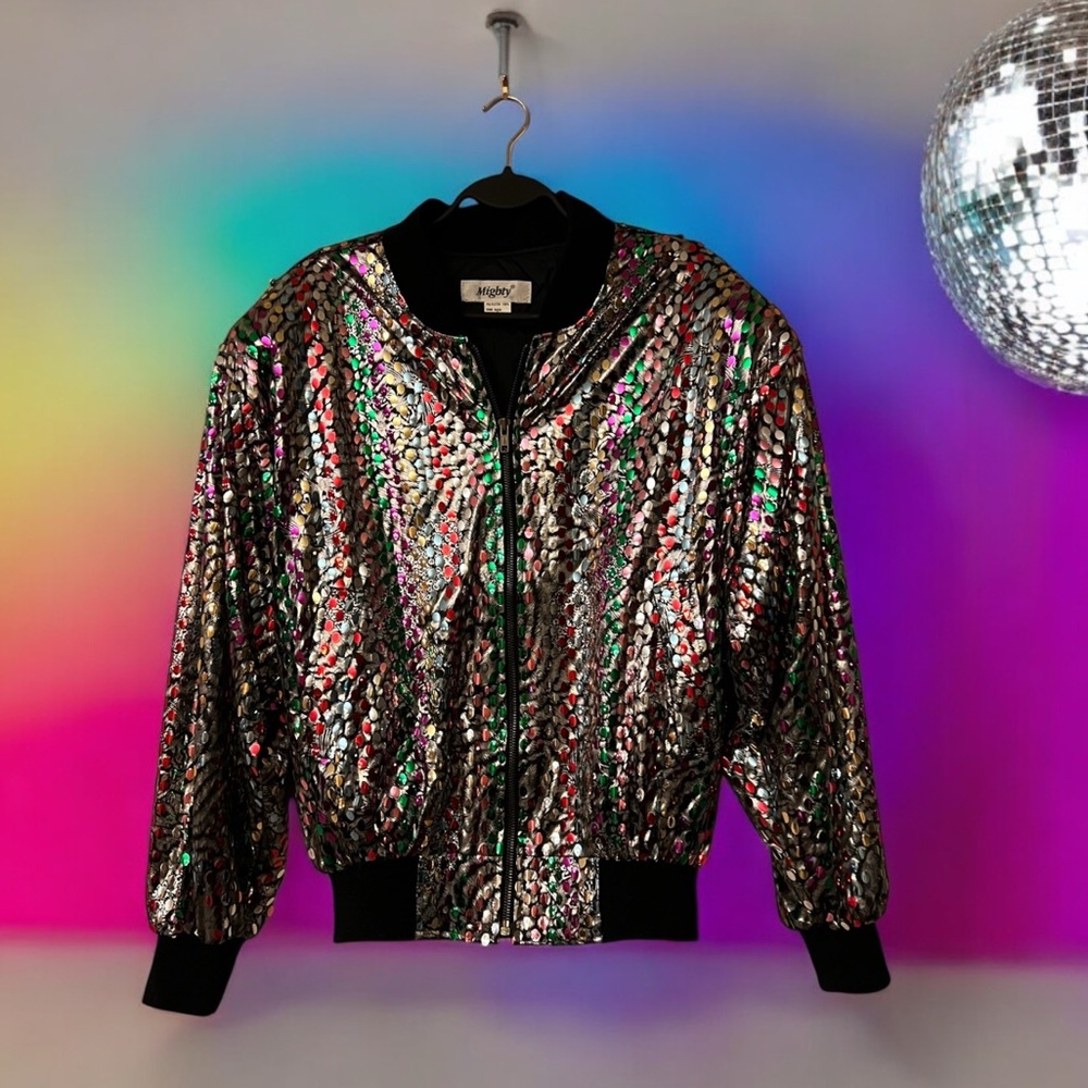 Mighty Retro/Vintage Metallic Silver Bomber Jacket with Multi-Colour Sequins